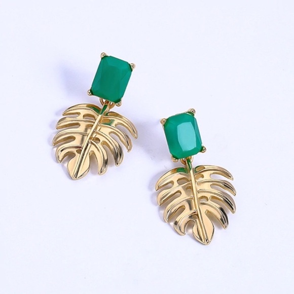 Gold Monstera Leaf Earrings - Picture 3 of 5